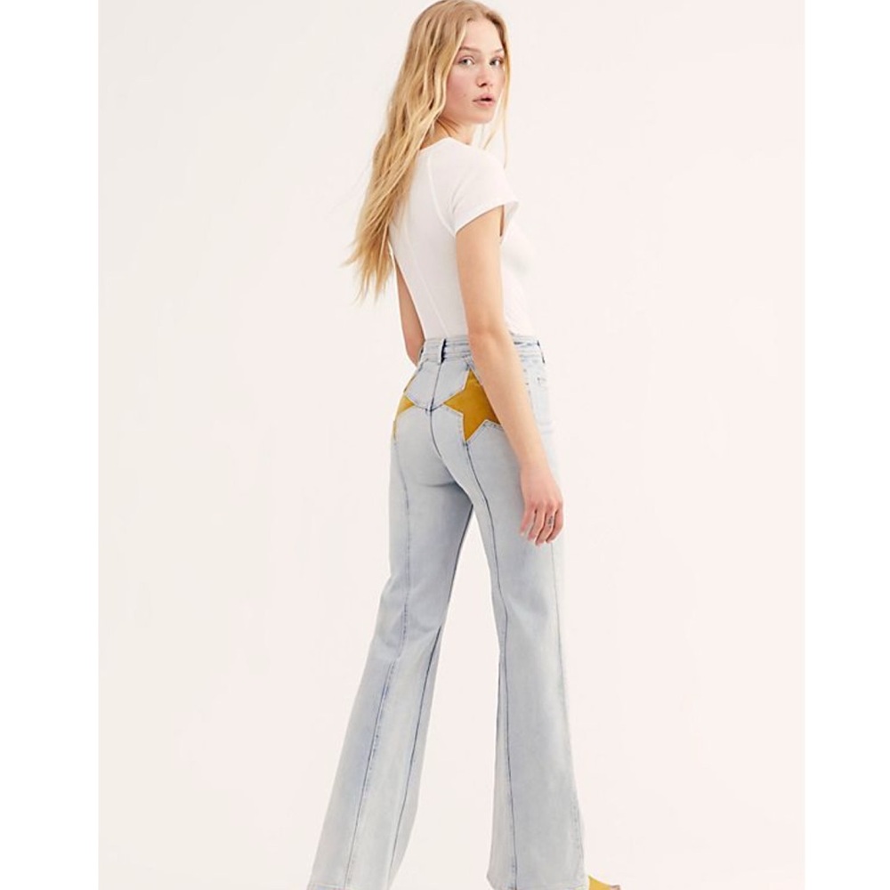 Free People Light Blue Flare Jeans with Yellow Star